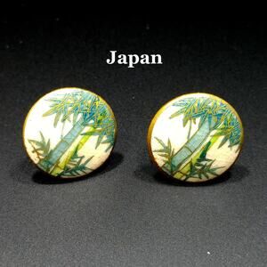 Vintage Japanese Satsuma Porcelain Earrings, Screw Backs, Bamboo Pattern